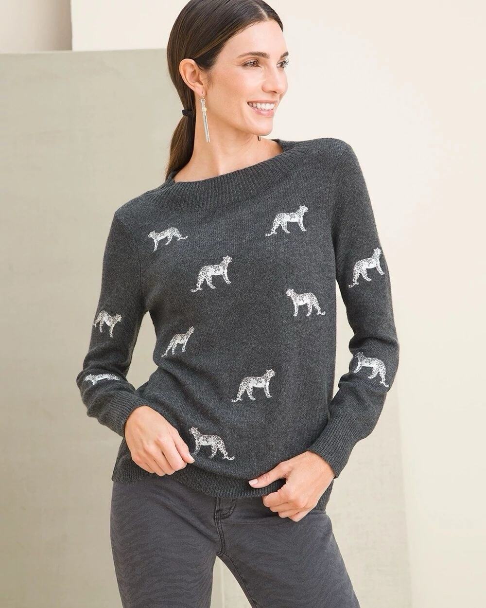 Chico’s Cashmere Blend Embroidered Cheetah Sweater Size 0 Small Gray Crew Neck